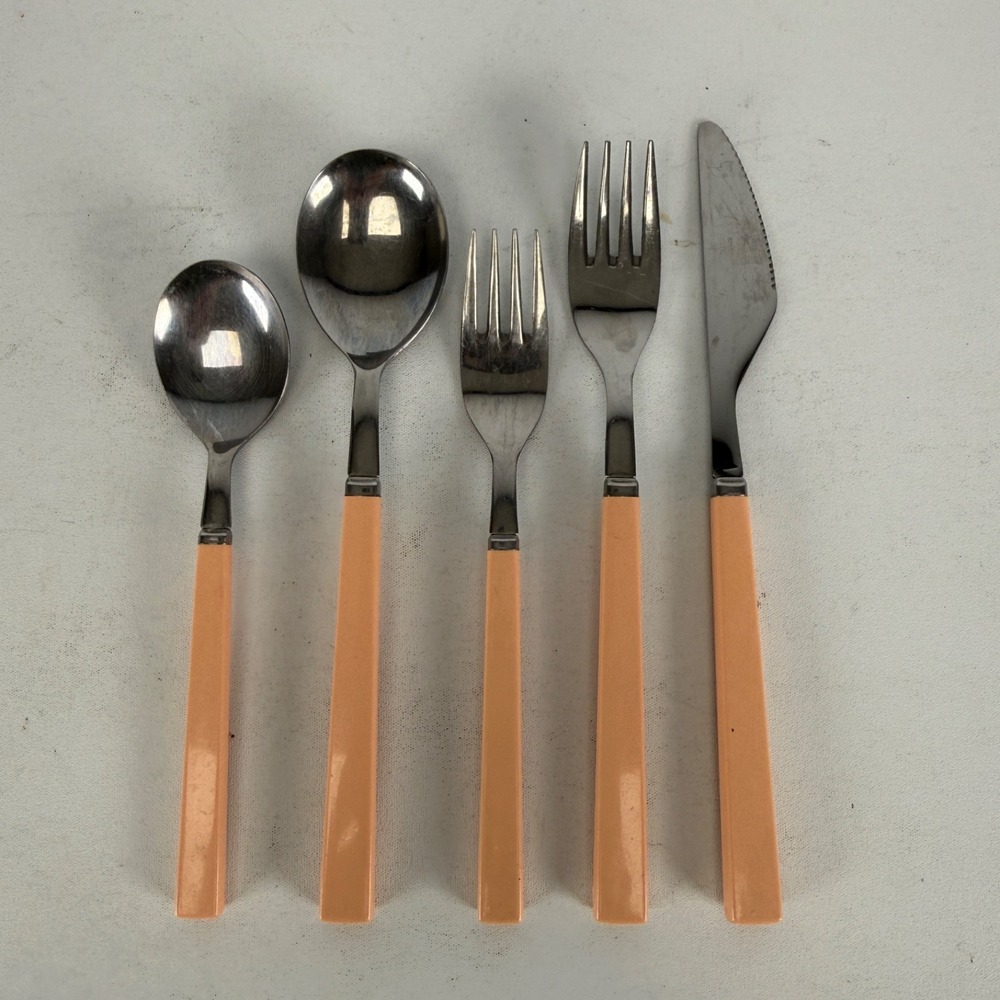 Vintage Anacapa Pink Melamine Stainless Silverware Serving Set of 5